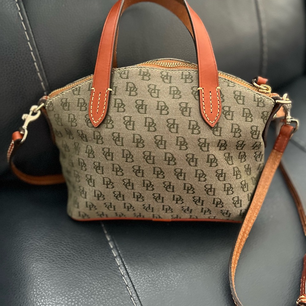 AUTHENTIC Dooney & Bourke Brown and Hunter Green  Monogram Satchel - Picture 2 of 13